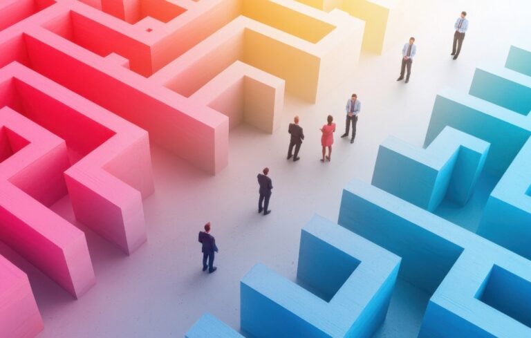 Colorful maze with people navigating pathways and obstacles.