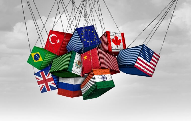 opposing cargo freight containers painted as different country flags in conflict