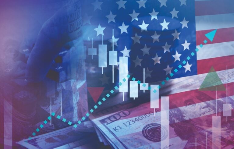 Illustration of a graph overlayed an American flag and hundred dollar bill
