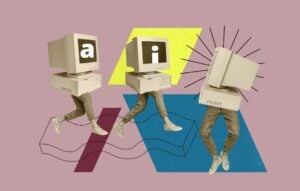 Composite image artwork 3D collage of virtual reality modern service support ai job human resources obsolete computer monitor walk legs