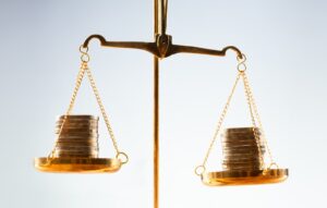 Stacked coins on scale