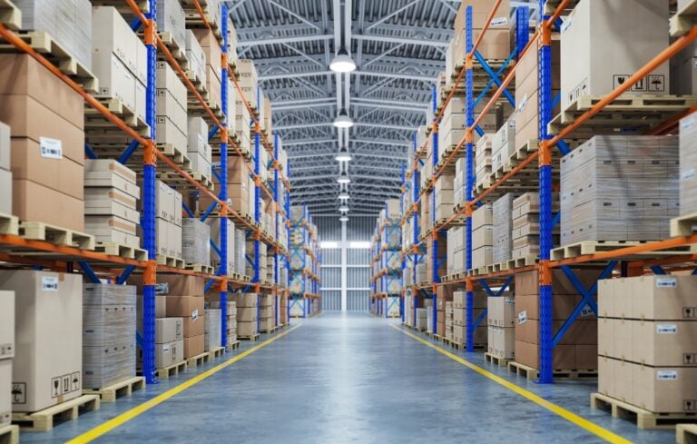 Warehouse or storage and shelves with cardboard boxes. Industrial background.