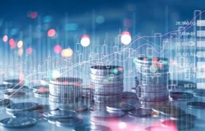 Financial stock market graph and rows of coins growth, abstract and symbol for finance concept, business investment and currency exchange, on blue background.