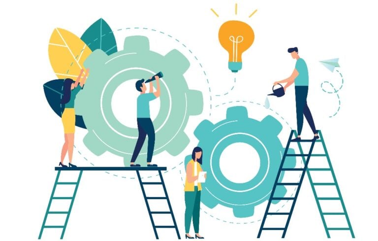 Illustration depicting employees innovating