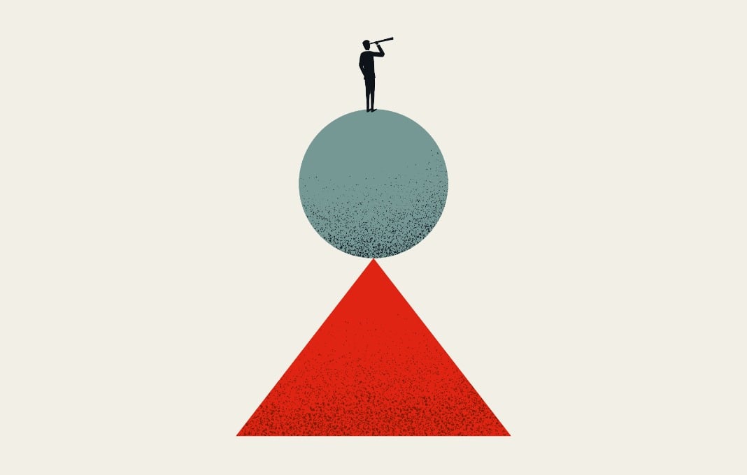 Illustration of man standing on circle balancing on triangle