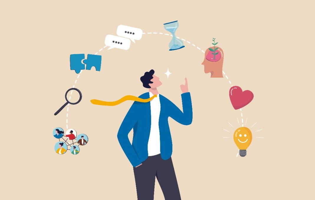 Illustration of businessman surrounded by icons representing elements of soft skills