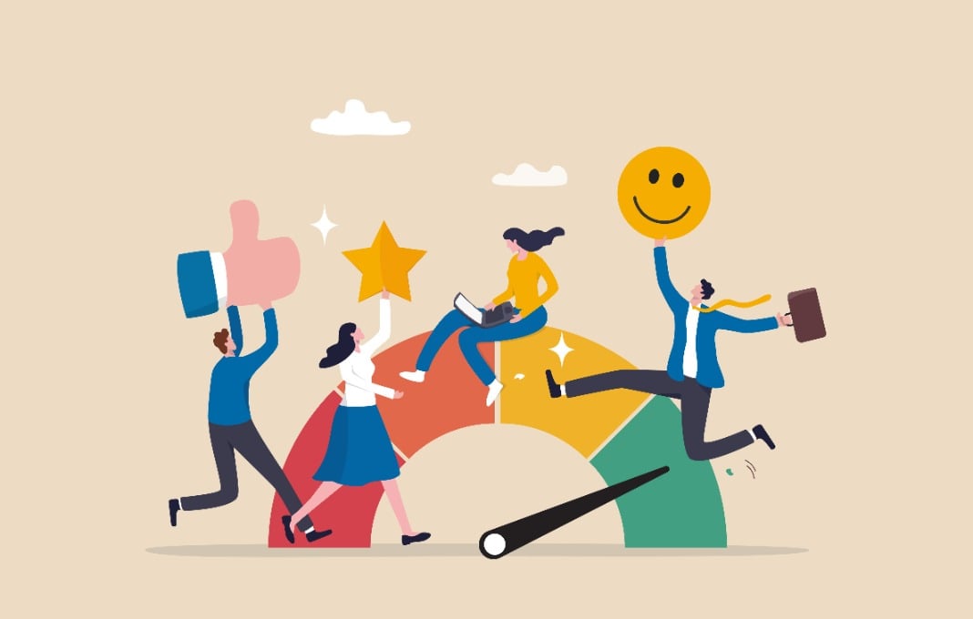 Graphic of business people with stars and happy faces on meter measuring happiness