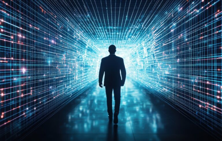 Digital businessman walking through a glowing tech grid, 3D rendering