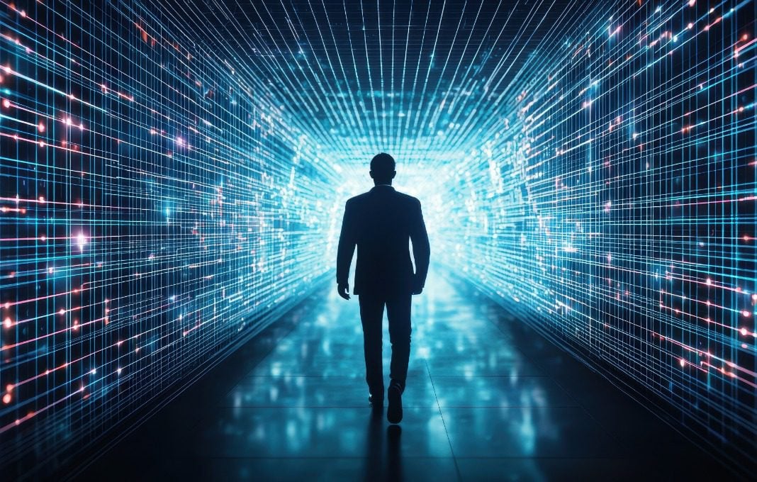 Digital businessman walking through a glowing tech grid, 3D rendering