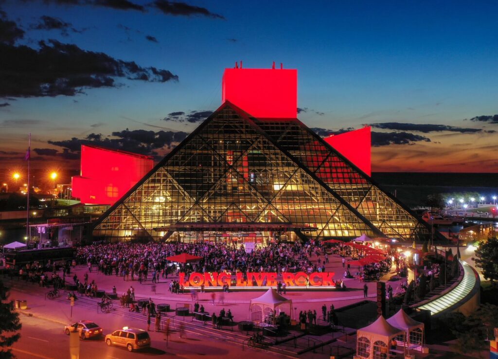 Rock Hall Aerial View with a crowd of people in the middle.